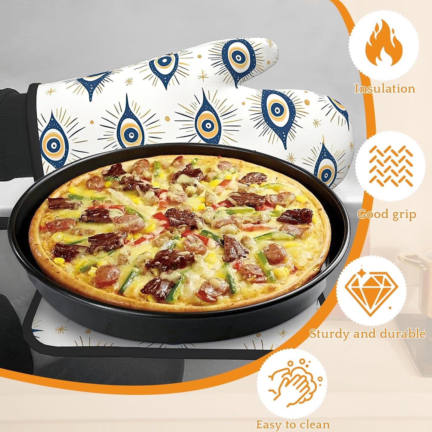 Evil Eyes Oven Mitts and Pot Holders,Heat Resistant Oven Mitts Gloves and Pot Holder for Home Kitchen Decorations Cooking Baking BBQ Gifts,Set of 4