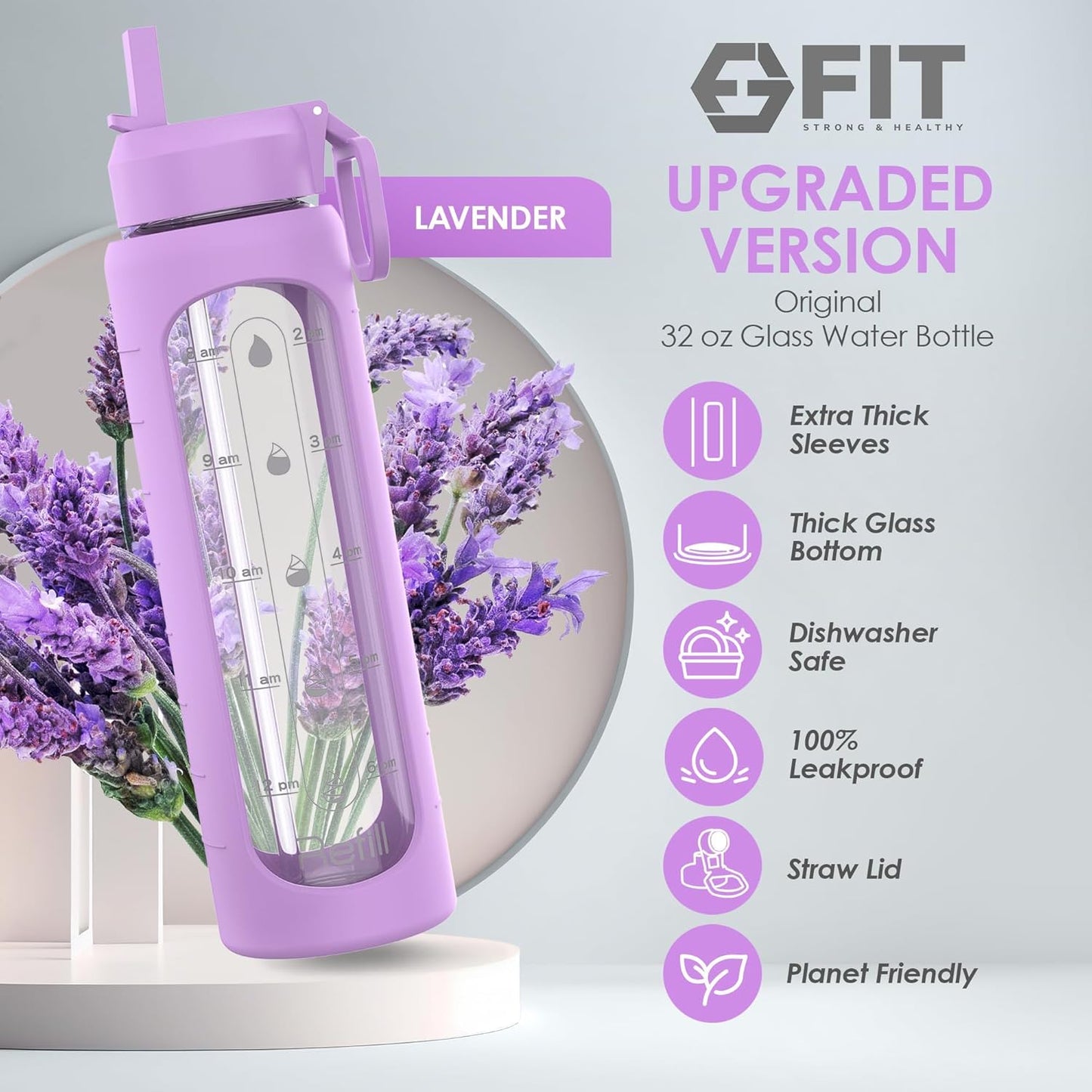 FIT Strong & Healthy 32 oz Glass Water Bottle with Straw Lid, Time Marker, Sleeve & Extra Lid - Motivational, Wide Mouth 1 Liter Glass Drinking Bottle