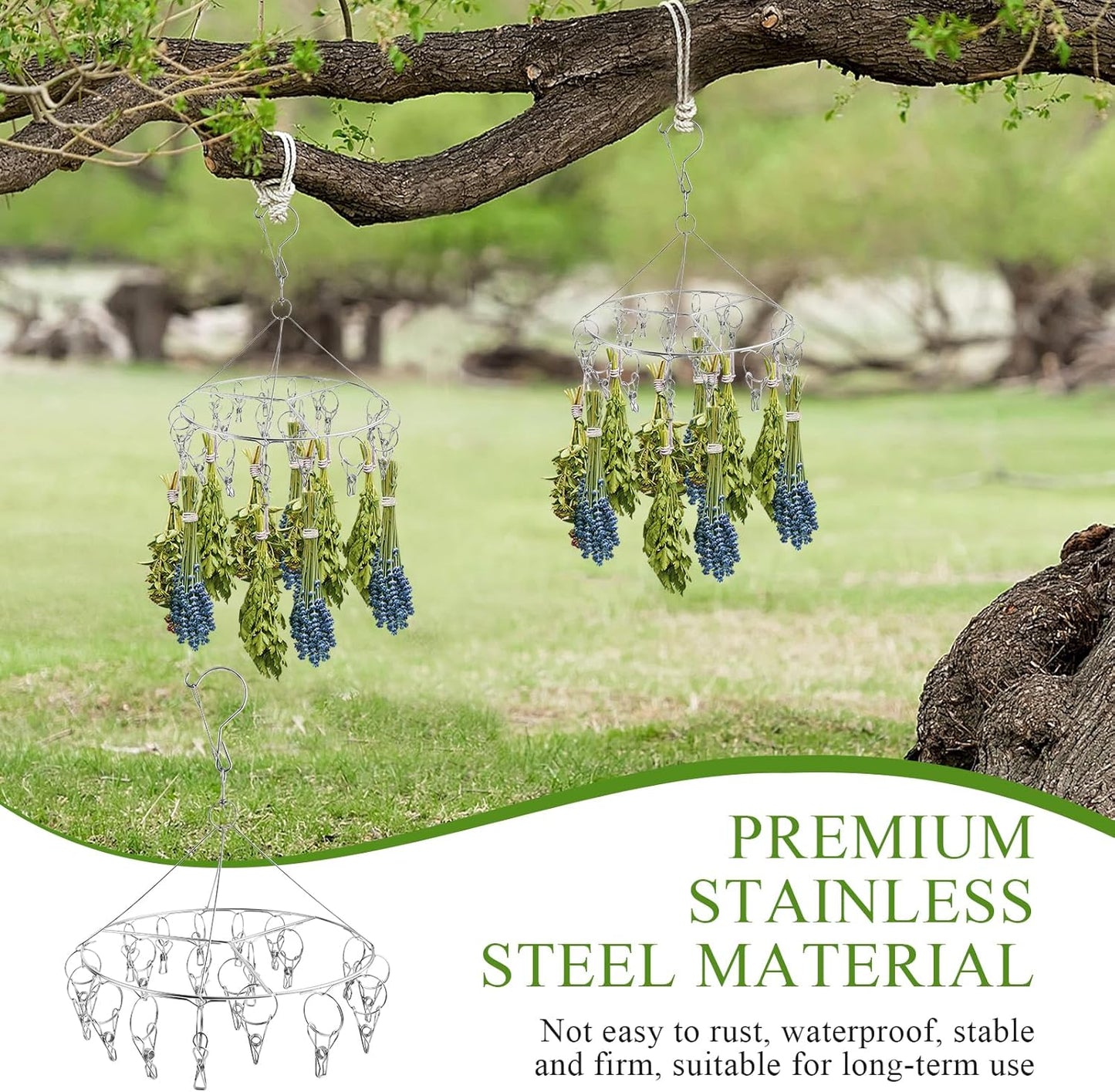 4Pcs Hanging Herb Drying Rack for Herb, Stainless Steel Herb Drying Rack with 20 Hooks, Flower Drying Rack for Herbs, Space Saving Herb Dryer for Fresh and Aromatic Herbs(Round), RHB-001