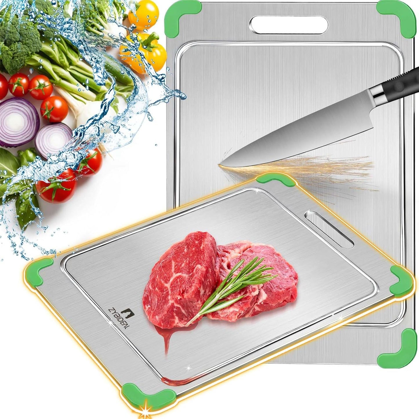 100% Pure Titanium Cutting Board with Grooves, Update Double Side Titanium Chopping Board, Silicone Anti-slip Stainless Cutting Boards for Kitchen 10 * 14 IN, Green