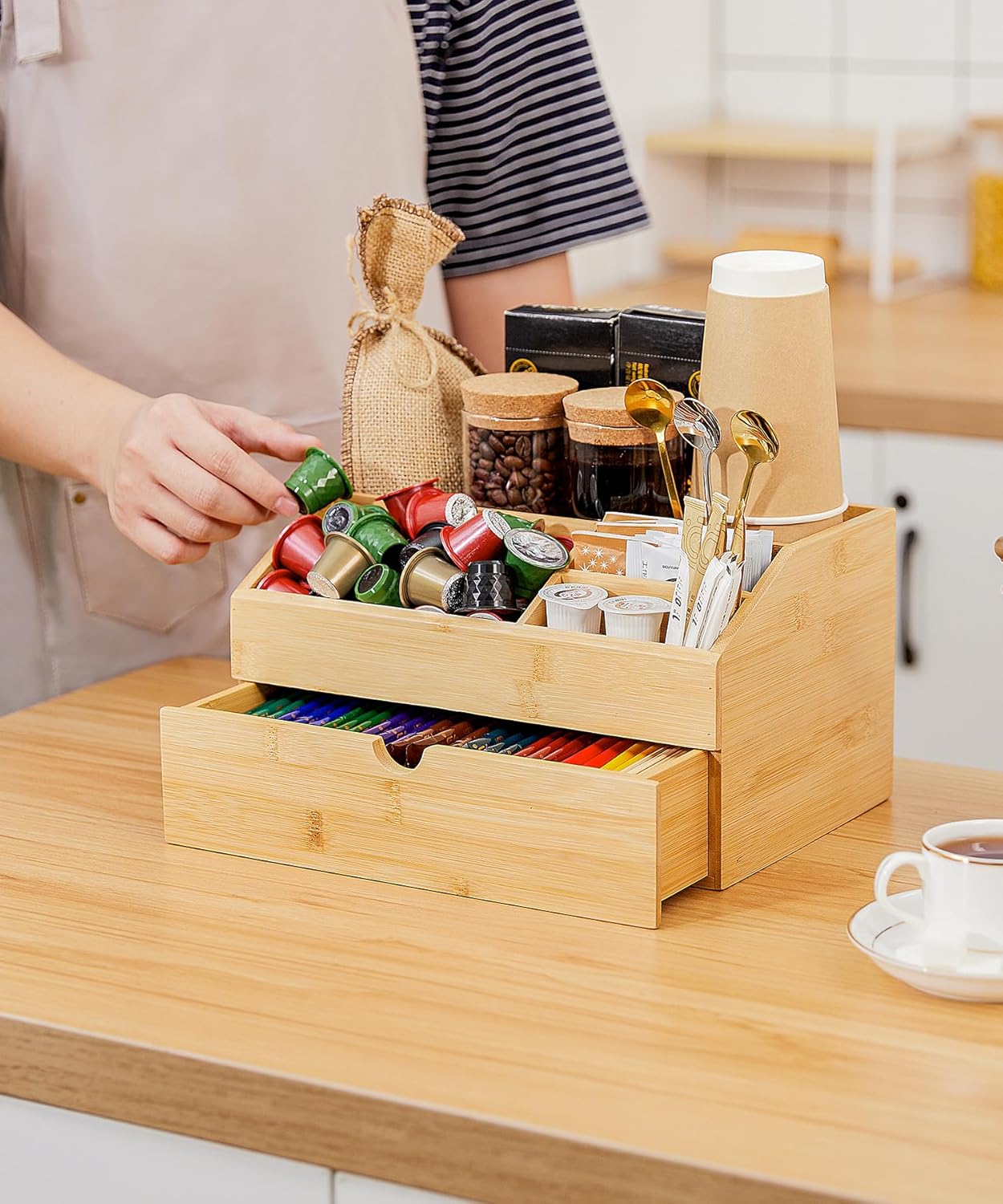Coffee Bar Organizer Countertop with Drawer, Cafe Station Storage for Bar Accessories,Bamboo Espresso Bar Decor Holder for Bar Decor,Bamboo