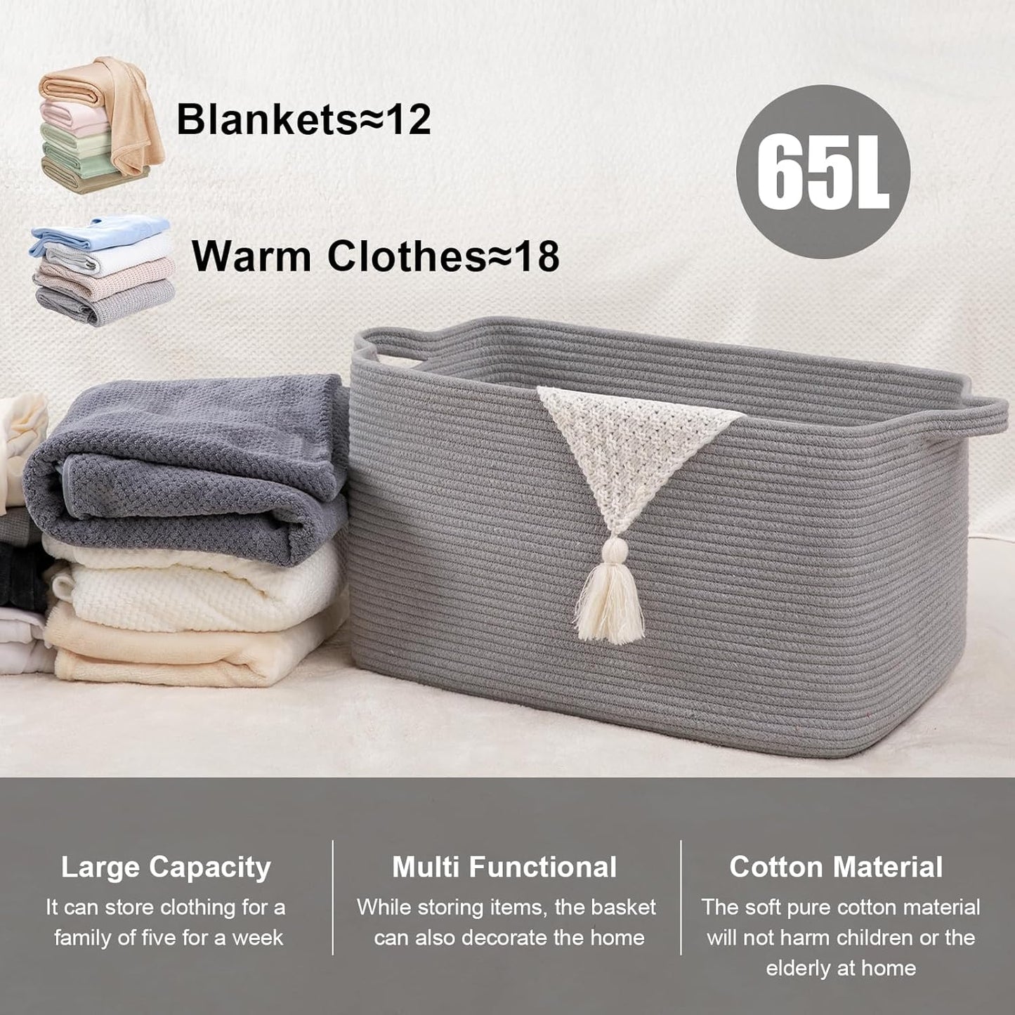 65L Large Storage Basket, Cotton Rope Woven Blanket Basket, Toy Storage for Baby Room, Living Room, Light Grey