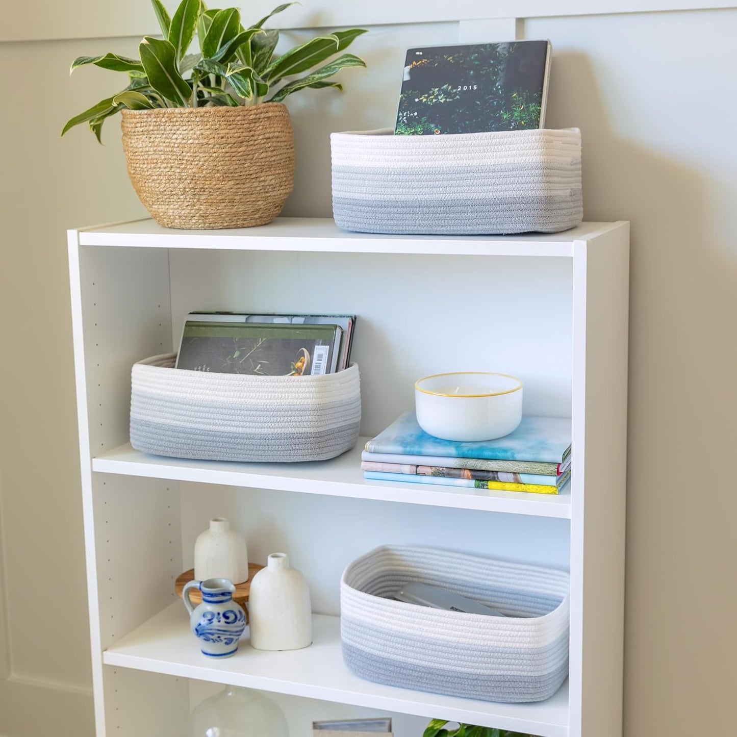 NaturalCozy 13.5”x8.5”x5.5” Rectangle Storage Baskets for Shelves 3 Pack | Cotton Rope Woven Small Baskets for Organizing | Small Storage Bins for Nursery, Bathroom, Closet, Shelf, Decorative