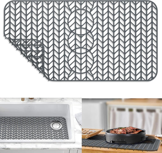 GUUKIN Sink Protectors for Kitchen Mat - 29"x 15.35" Silicone Kitchen Sink Mat Grid for Bottom of Farmhouse Stainless Steel Porcelain with 3 Reserved Holes（Grey）