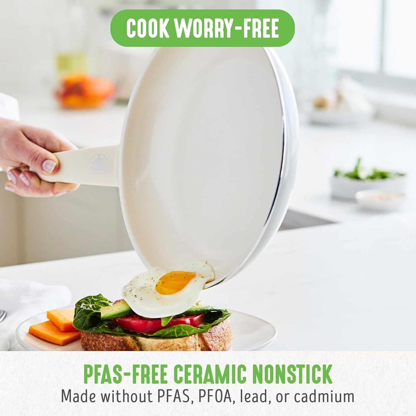 GreenLife Soft Grip 16 Piece Cookware Set, Non-Toxic PFAS-Free Ceramic Nonstick, Frying, Sauce, Saute, Utensils, Glass Lids, Stay-Cool Handles, Wobble Free, Dishwasher & Oven Safe, Cream