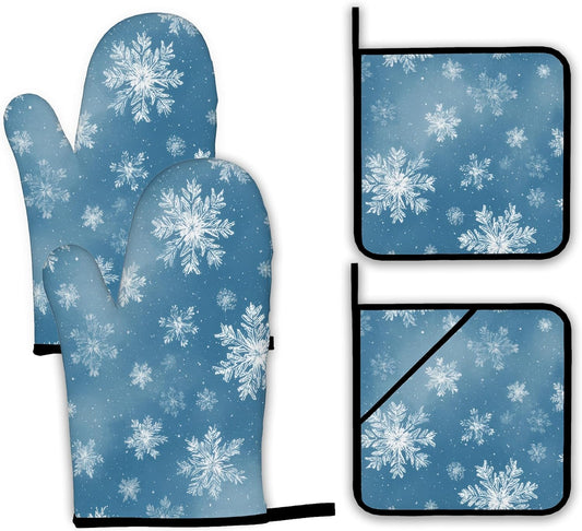 Snowflakes Oven Mitts and Pot Holders,Christmas Heat Resistant Oven Mitts Gloves and Pot Holder for Home Kitchen Decorations Cooking Baking BBQ Gifts,Set of 4