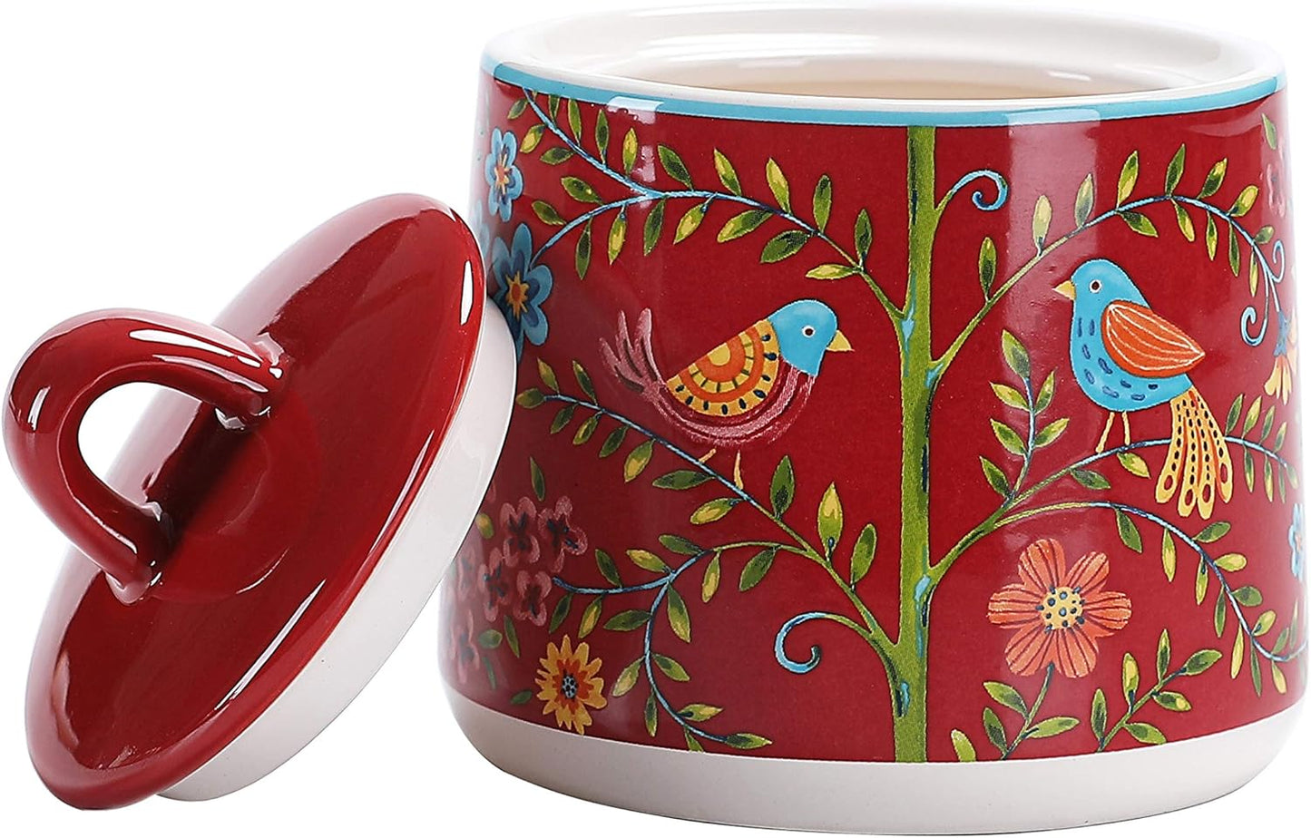 Bico Red Spring Bird Ceramic Sugar and Creamer Set, Sugar Bowl with Lid, Cute Container for Coffee Bar, Kitchen Countertop Accessories, Microwave and Dishwasher Safe