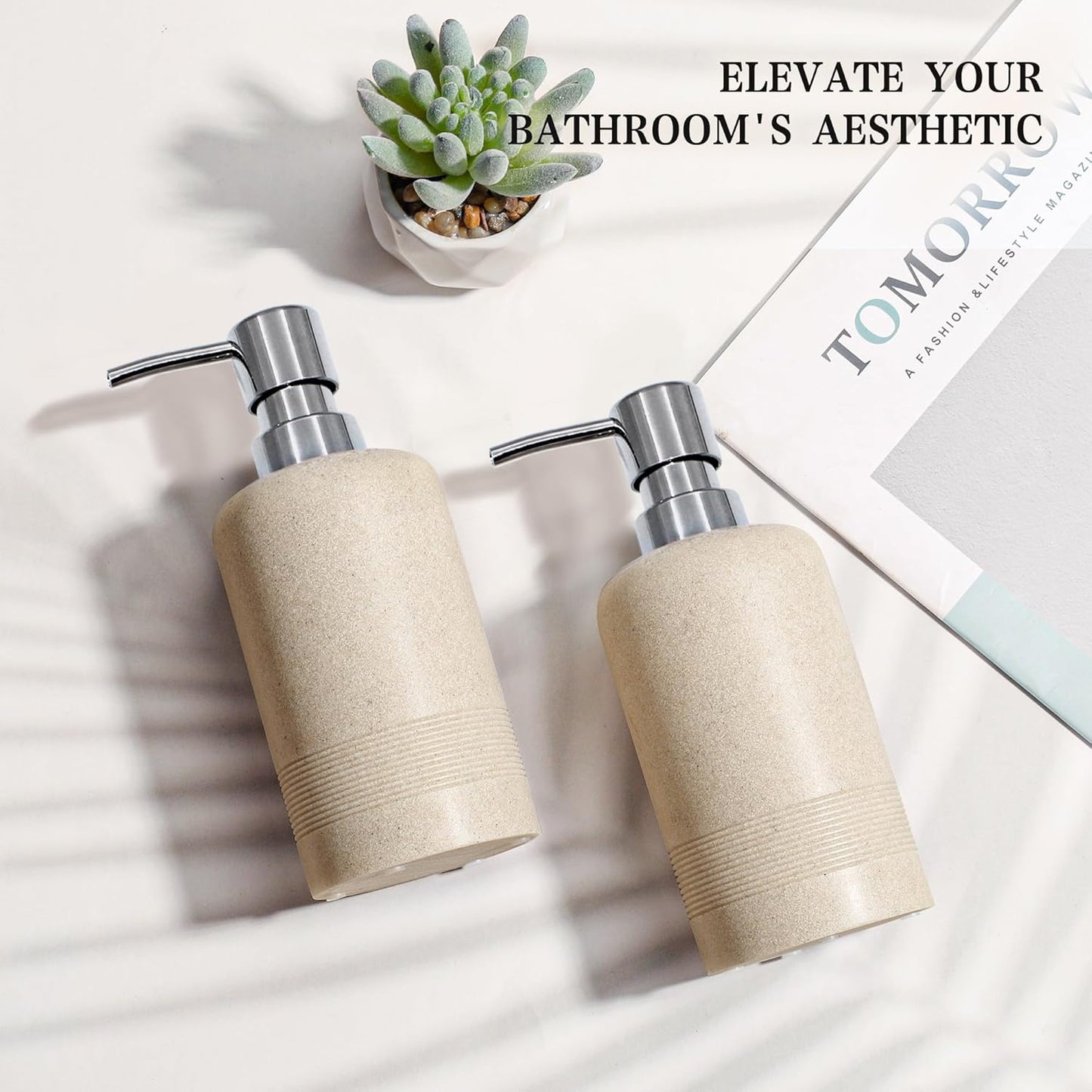 Resin Soap Dispenser Sets, 2 Pcs Heavy Lotion Dispensers,10.8oz Refillable Liquid Soap Dispensers with Rust-Proof Pump for Bathroom Countertop or Kitchen, Stone Beige