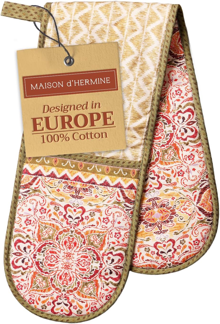 Maison d' Hermine Double Oven Mitts 100% Cotton 7"x35" Double Oven Mitt Heat Resistant BBQ Cooking Gloves with Loop, Baking, Grilling, Home, Kitchen, Handling Hot Pans (Damask)