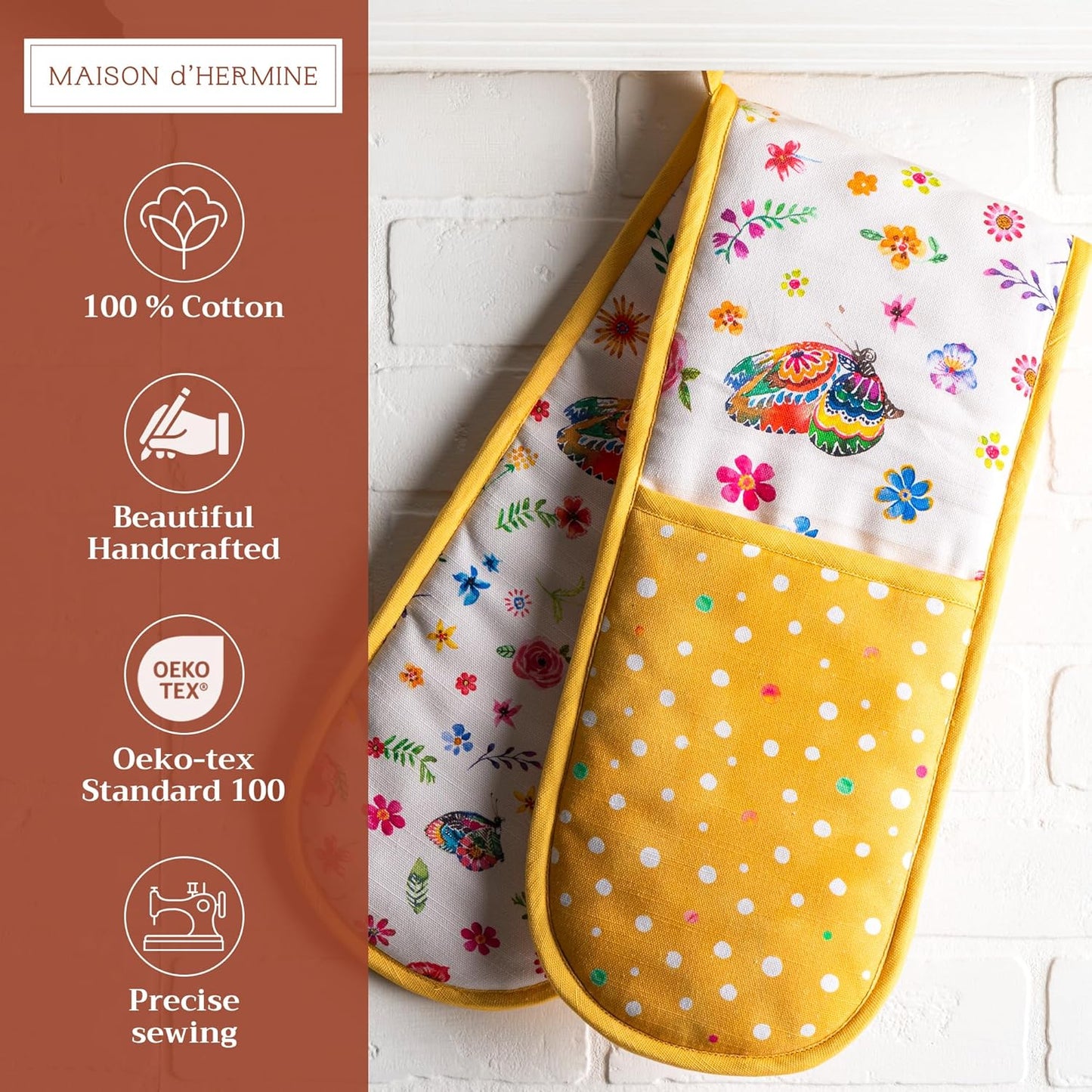 Maison d' Hermine Double Oven Mitts 100% Cotton 7"x35" Double Oven Mitt Heat Resistant BBQ Cooking Gloves with Loop, Baking, Grilling, Kitchen, Handling Hot Pans Spring Summer (Happy Florals - Sweety)