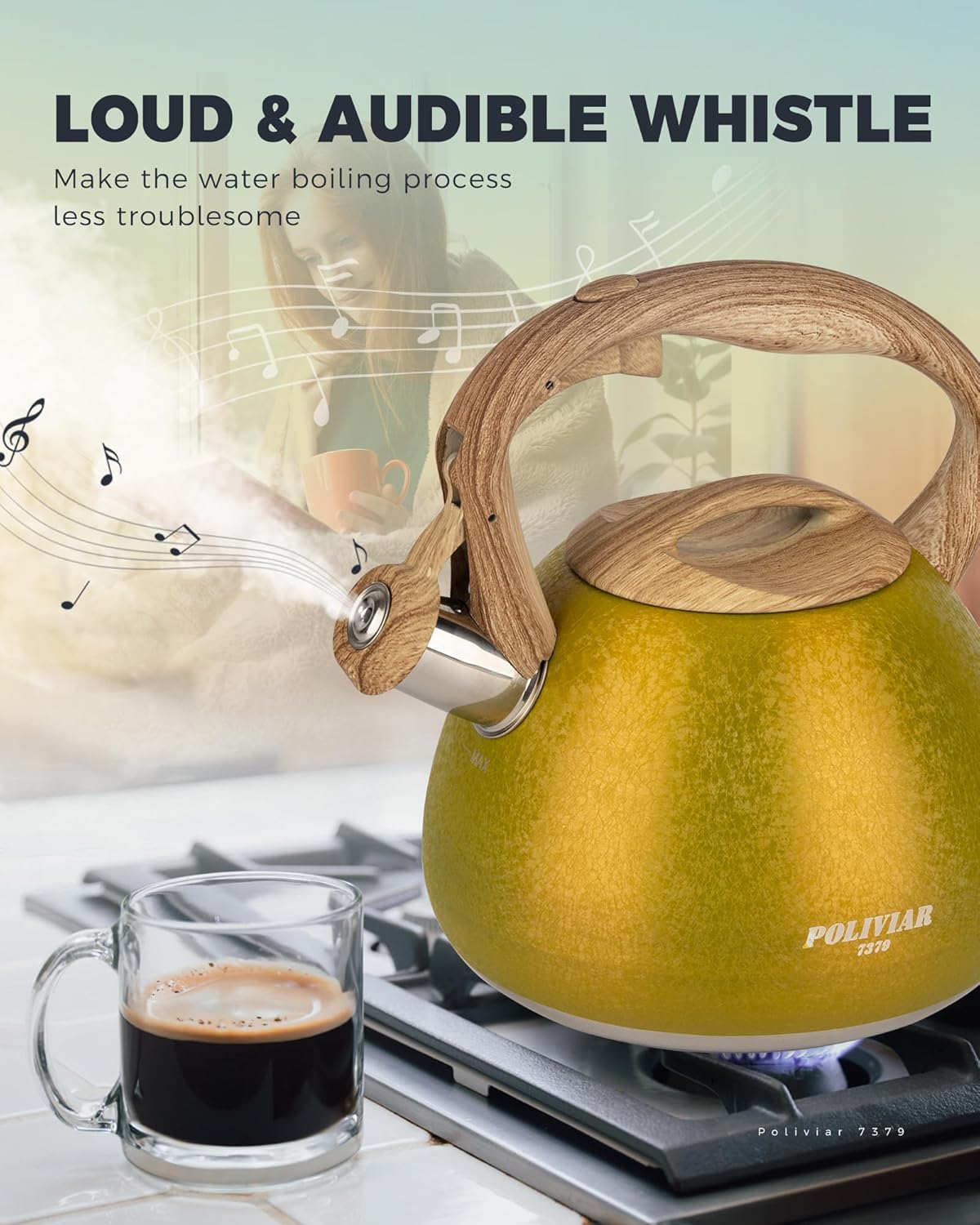 POLIVIAR Tea Kettle, 2.7 Quart Stovetop Tea Kettle, Audible Whistling Teapot with Crackle Finish, Food Grade Stainless Steel for Anti-Rust, Anti Hot Handle, Suitable for All Heat Sources (JX2023-LRY)