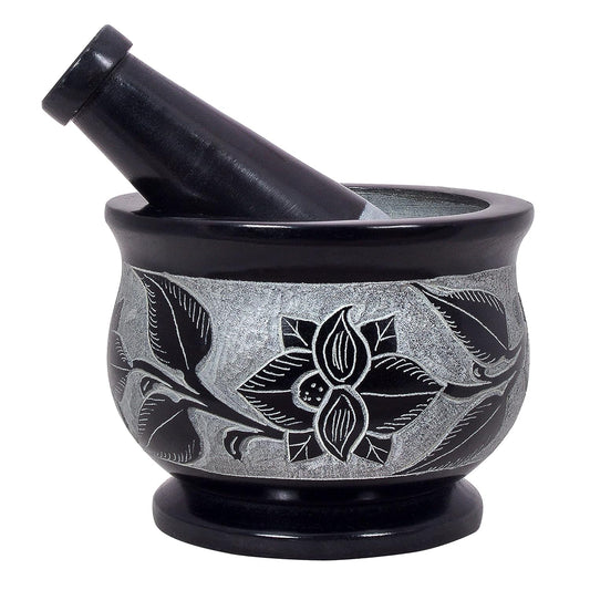 Mortar and Pestle, Made of Heavy Duty Polished Hard Stone, Natural Stone Grinder for Spices, Pastes, Herbs, Seasoning etc. (Floral)