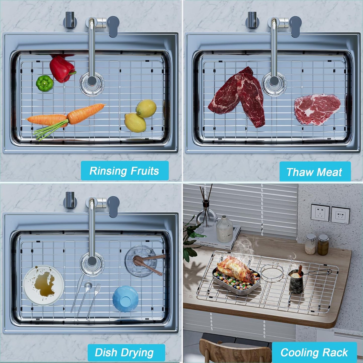 iPEGTOP Sink Rack for Bottom of Sink, Stainless Steel Sink Protector 28-3/4" x 15-3/4" with Rear Drain Hole, Sink Grid Grate with Hole Cover for Kitchen Sink Single Bowl