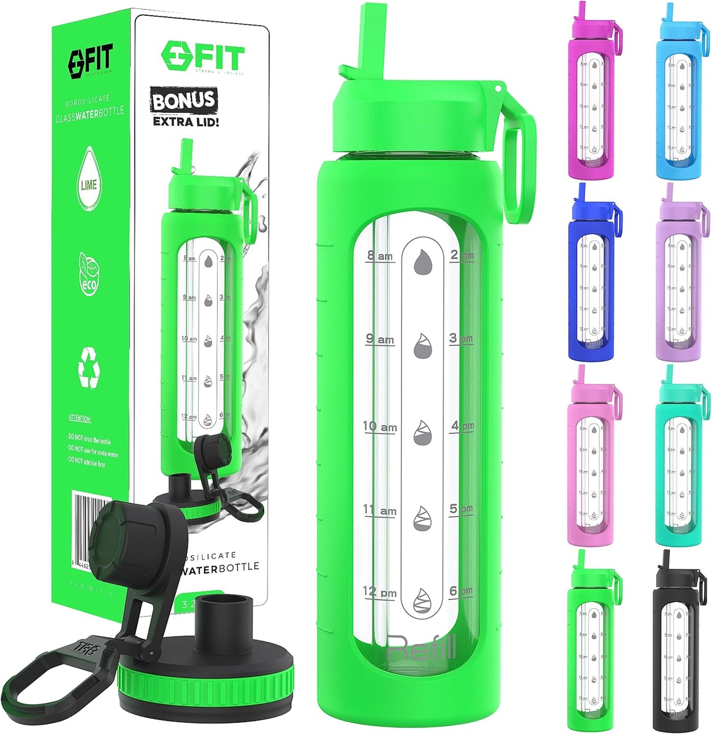 FIT Strong & Healthy 32 oz Glass Water Bottle with Straw Lid, Time Marker, Sleeve & Extra Lid - Motivational, Wide Mouth 1 Liter Glass Drinking Bottle