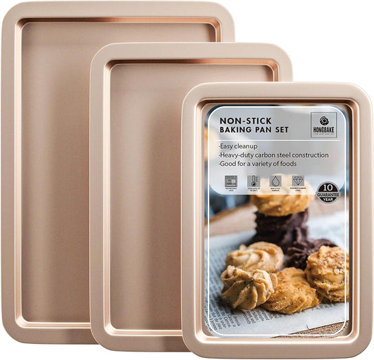 HONGBAKE Cookie Sheets, Baking Sheet Set, Nonstick Oven Pan with Wider Grips, 3 Pack Half/Jelly Roll/Quarter Baking Tray, Premium & Dishwasher Safe