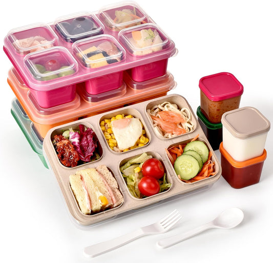 4-Pack Leakproof Bento Box & Snack Containers for Kids & Adults | 6-Compartment with 4 Sauce Cups | Ideal for School, Office, Picnic & Travel (38oz/1100ml) (Pink/Beige/Orange/Green)