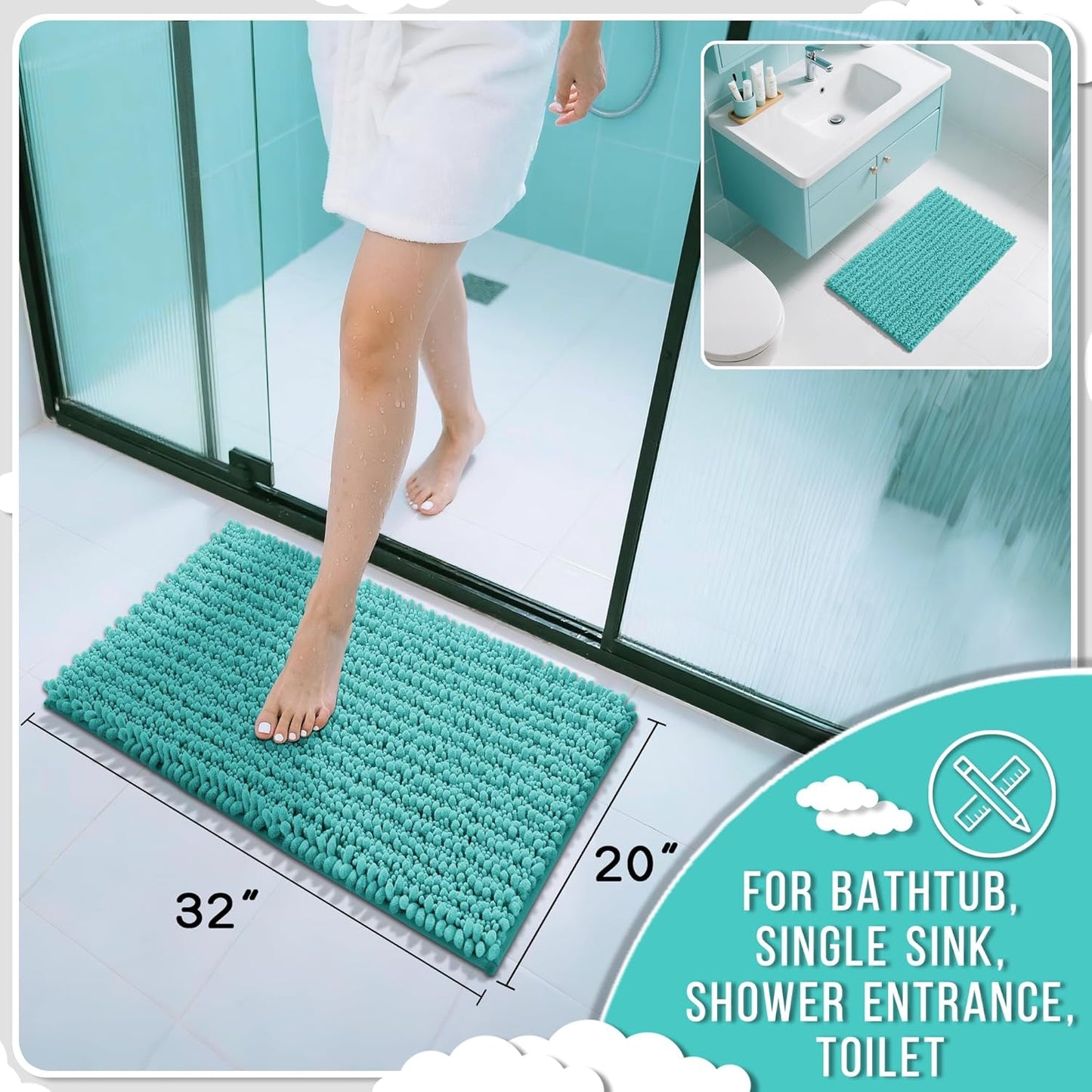 Yimobra Bathroom Rugs Non Slip Washable 32x20 Inch - Ultra Soft Absorbent Chenille Bath Mat, Quick Dry Shaggy Floor Carpet for Tub Shower, Lake Blue Home Decor Accessories