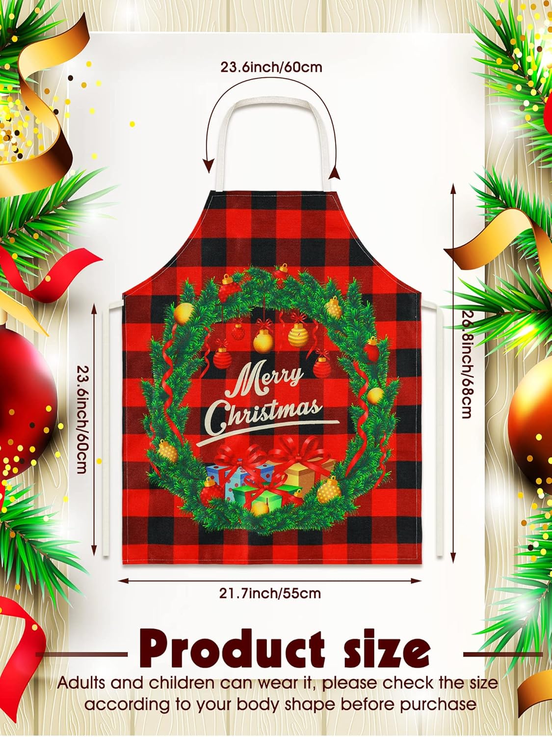 SATINIOR 4 Pcs Christmas Aprons Adjustable Kitchen Cooking Aprons Xmas Buffalo Plaid Merry Christmas BBQ Bib for Adults