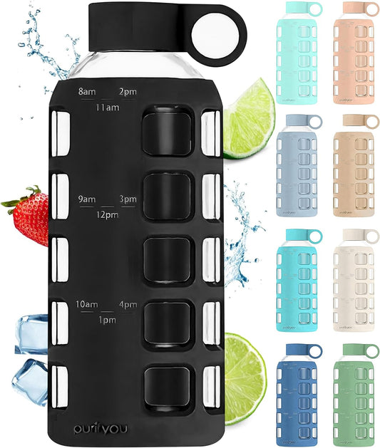 purifyou 40oz / 32oz / 22oz / 12oz Borosilicate Glass Water Bottle with Time & Volume Markers, Silicone Sleeve, Stainless Steel Lid – Reusable Glass Bottle for Water & Juice (22oz Jet Black)