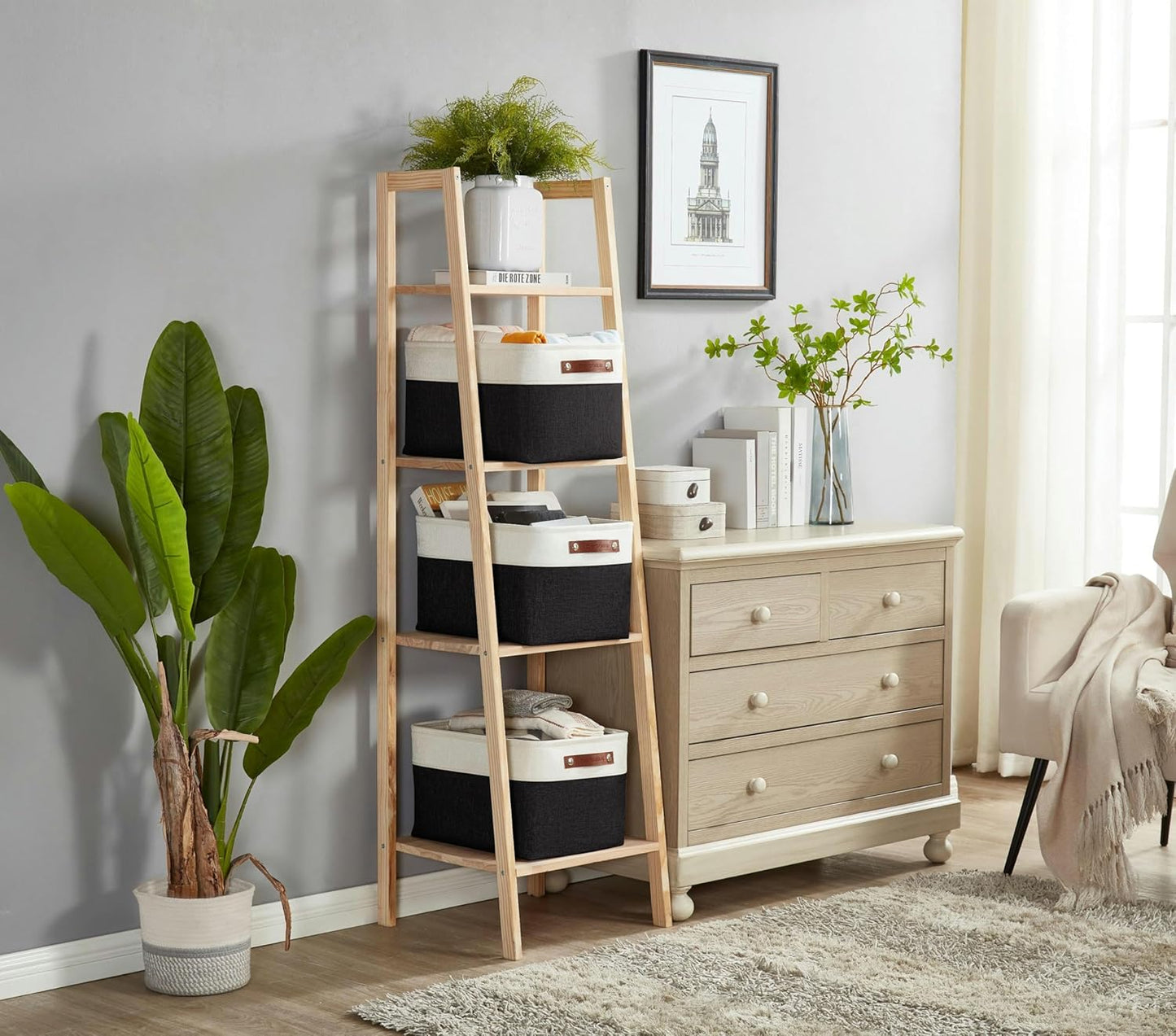 DECOMOMO Storage Baskets for Shelves - Fabric Storage Bins, Linen Closet Organizers and Storage (Black & White, Large - 3 Pack)