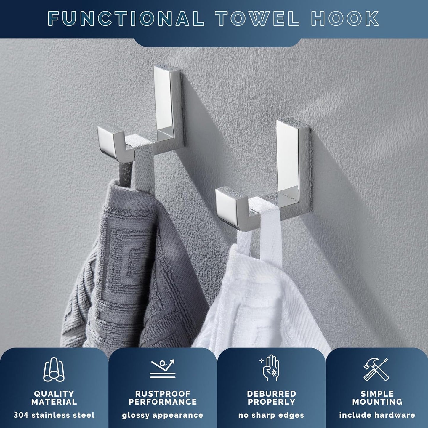 Angle Simple Towel Hooks, SUS 304 Stainless Steel Robe Coat Hooks for Bathroom Wall, Polished Chrome, 2 Pack