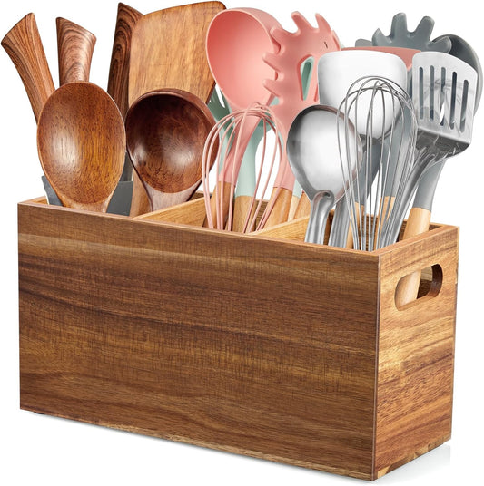 ALELION Acacia Wood Utensil Holder Organizer for Counter - Large Wooden Utensil Caddy for Countertop - 3 Compartment Cooking Tool Holder for Spatula - for Farmhouse Kitchen Decor and Accessories