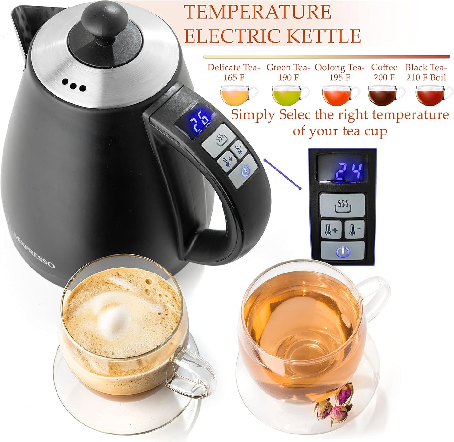 Mixpresso Electric Kettle Temperature Control, Hot Water Kettle Electric, Cordless 1 Liter Capacity, Keep Warm & Led Indicator, Auto-Shutoff, Boil-Dry Protection, Black Electric Kettle