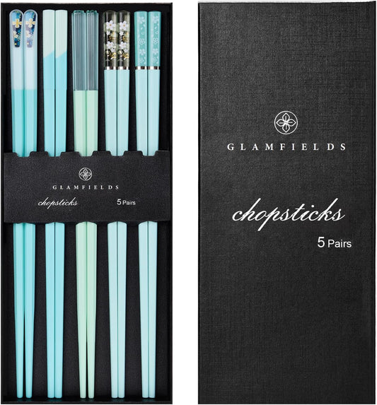 Chopsticks Reusable Dishwasher Safe, GLAMFIELDS 5 Pairs 9.5 Inches Premium Chop Sticks Set for Sushi, Ramen, Asian Cuisine, Matte Non-slip with Gift Case, Light Blue