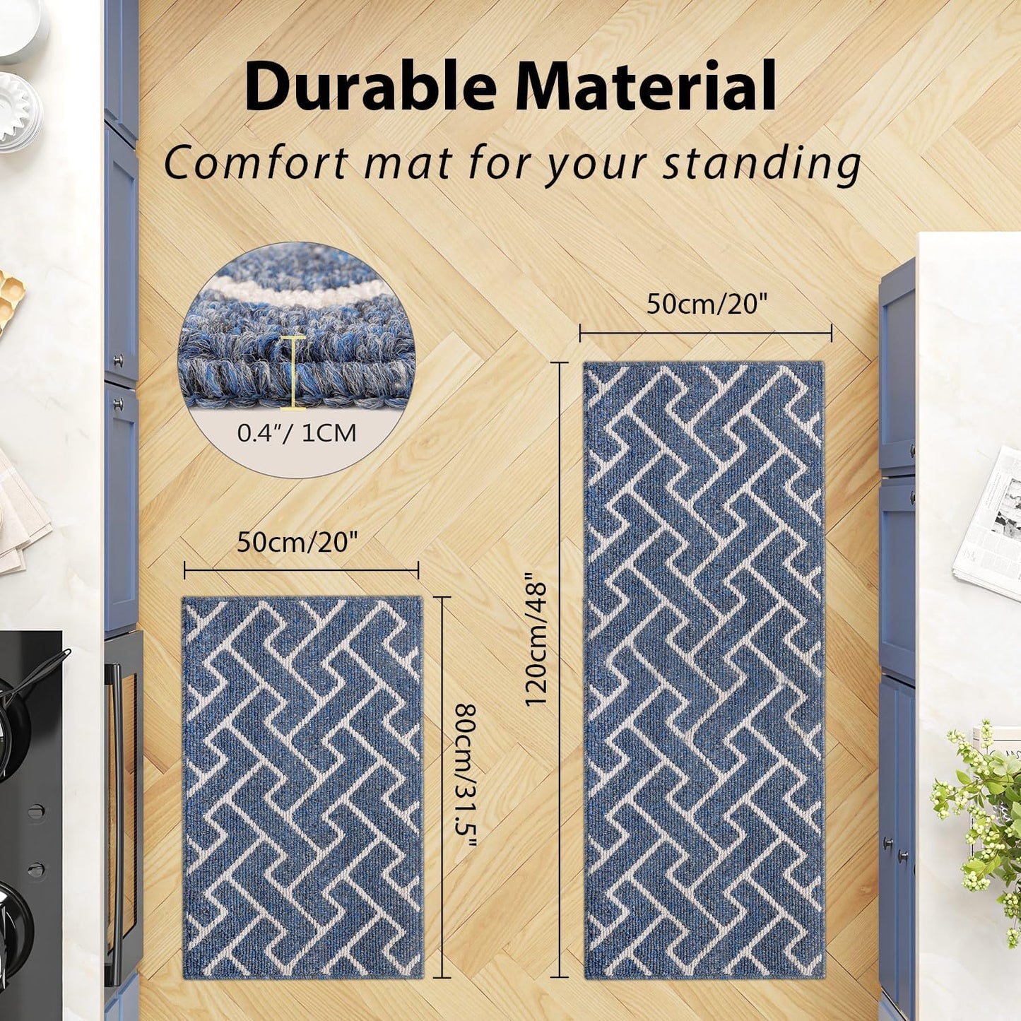 hicorfe Kitchen Rugs and Mats Sets,Non-Slip 2 Pieces Absorbent 100% Polypropylene Rug,Comfort Kitchen Runner Mat,Washable for Kitchen,Sink,Laundry(20" x 31.5" Plus 20" x 48",Navy Blue)