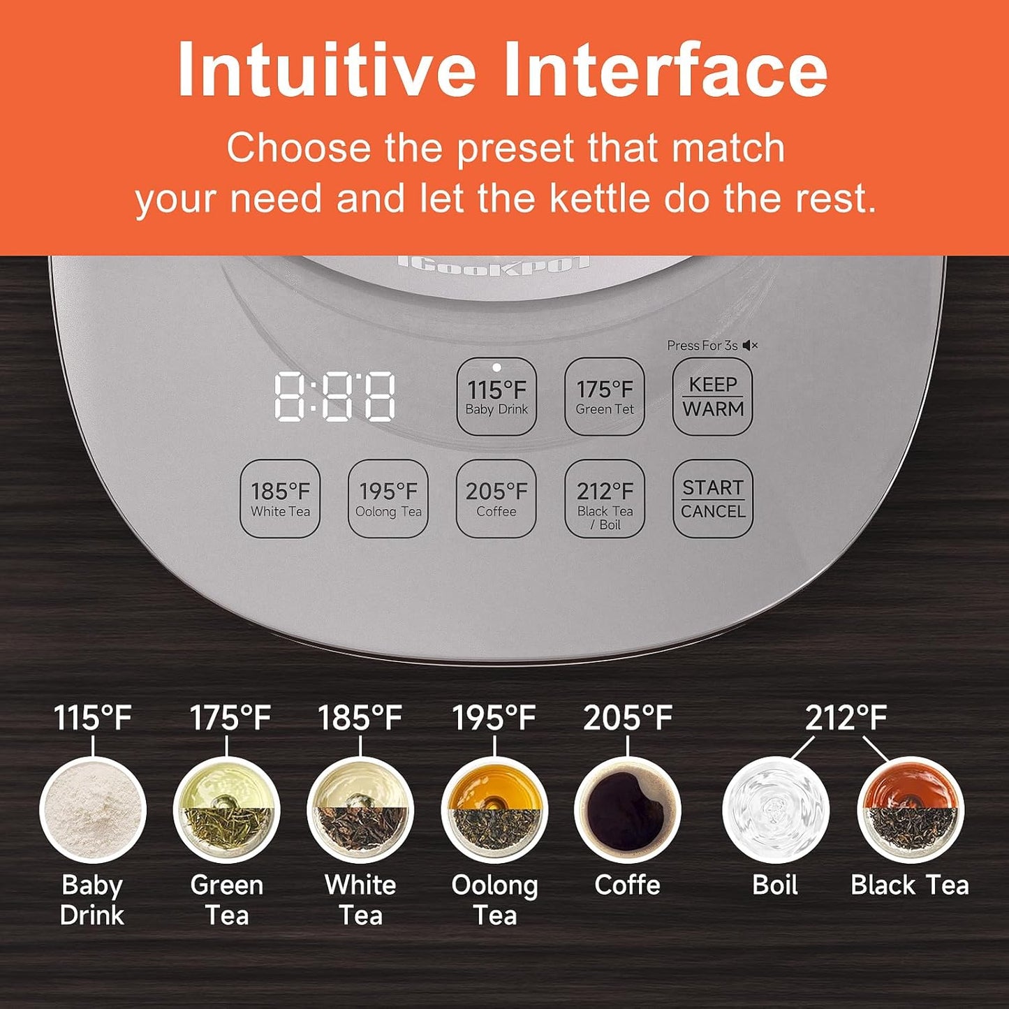 Titanium & Stainless Steel Electric Kettle with Tea Infuser and Temperature Control,1.5L Glass Tea Maker,1500W Rapid Boiling,Programmable Control for your Favorite Teas and Coffee-Grey