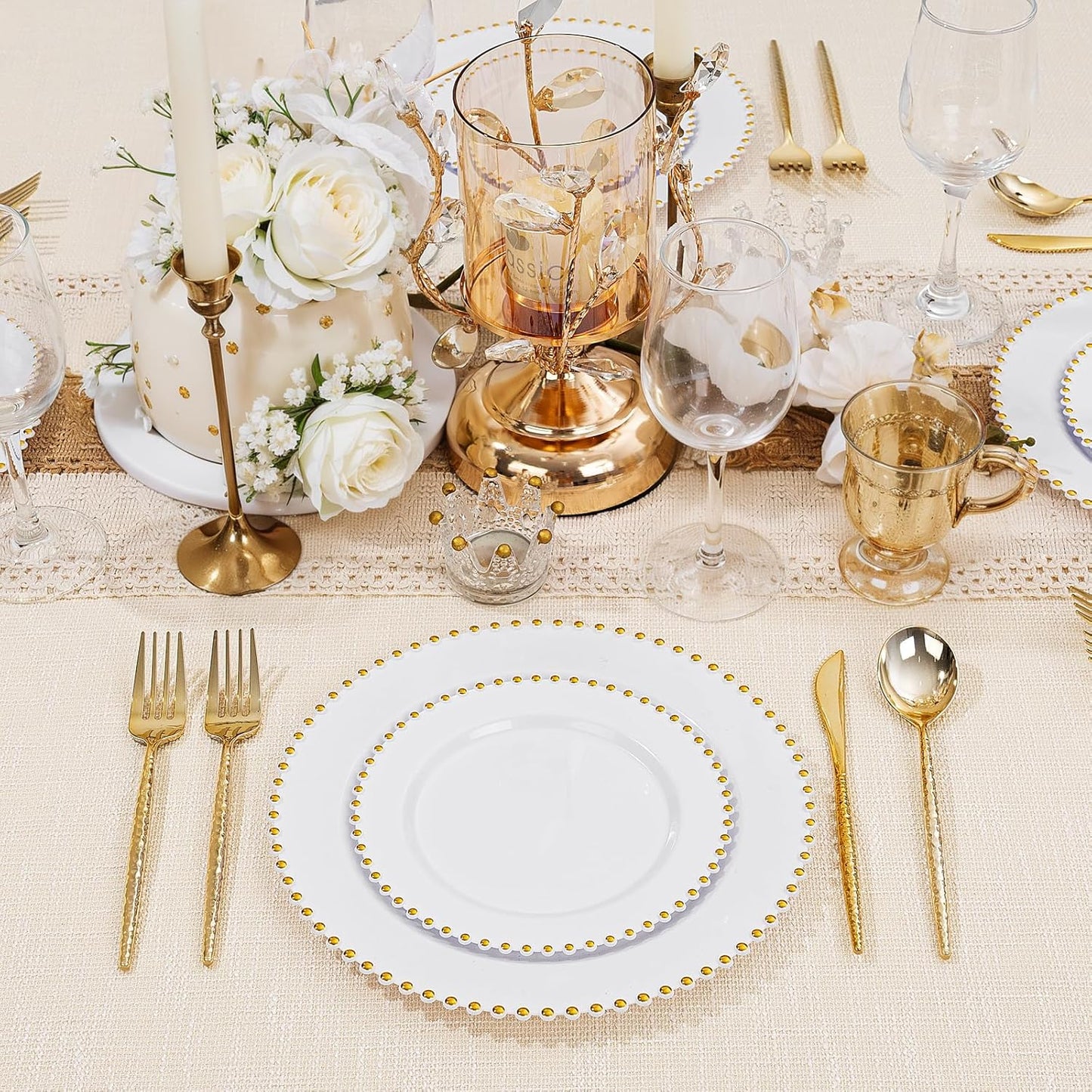 supernal 100pcs White Plastic Plates with Gold Trim Fancy Disposable Plates Includes 50 Plastic Dinner Plate and 50 Dessert Disposable Plate for Party,Wedding,Bridal Shower