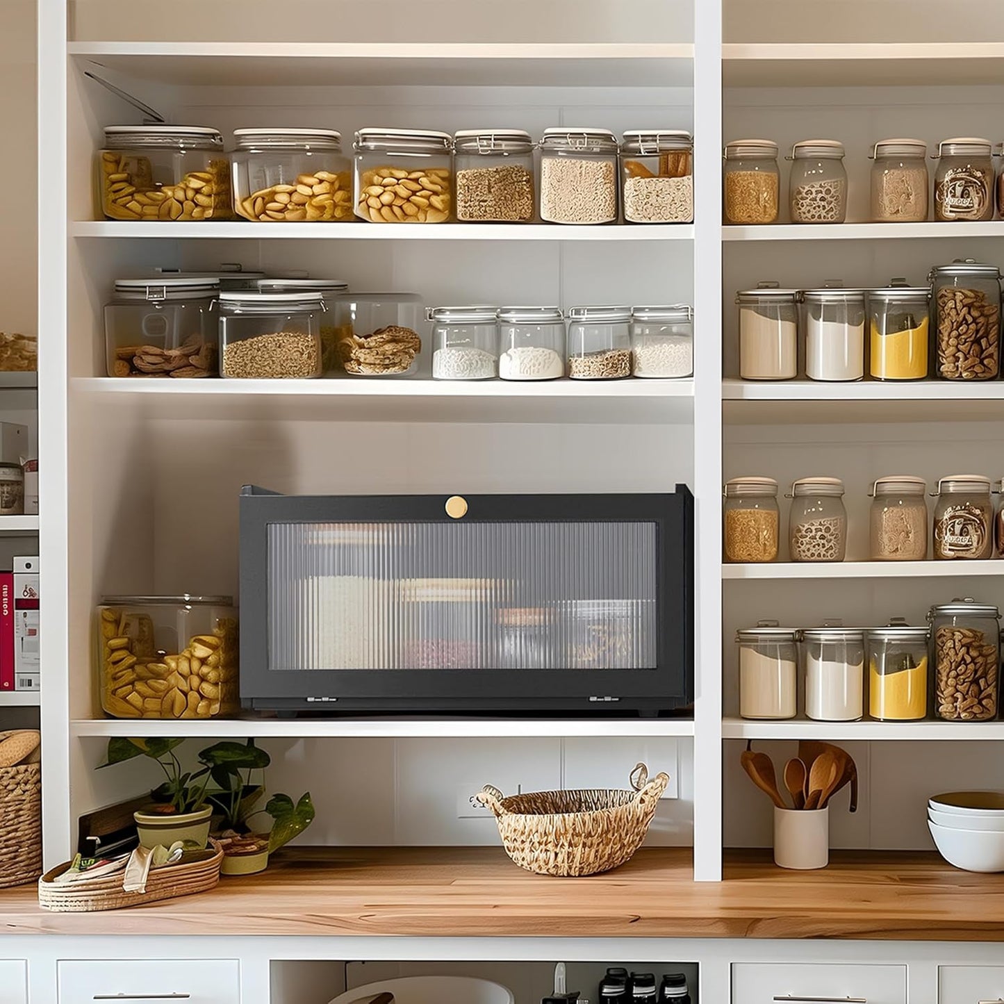 Black Bread Box for Kitchen Countertop-Large Modern bamboo Bread box with Window Bread Storage Container
