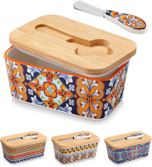 vancasso SIMI Butter Dish with Lid, 6.5" Large Butter Dish for Countertop, Bohemian Ceramic Butter Keeper Container with Knife and Bamboo Lid, Butter Holder for Counter, Amber Elegance