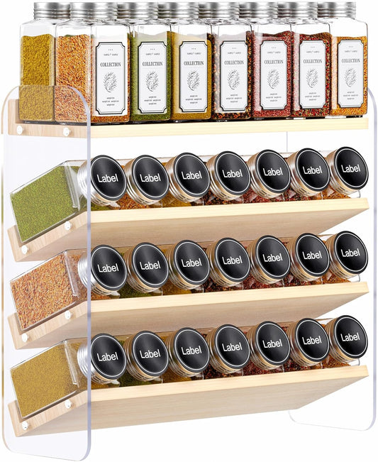 MUDEELA Clear Spice Rack Organizer for Cabinet, 4 Tiered Vertical Spice Shelf, Wooden Seasoning Organizer for Countertop, Kitchen, Pantry, Freestanding, 13.3" W × 11.2" H (No Jars Included)