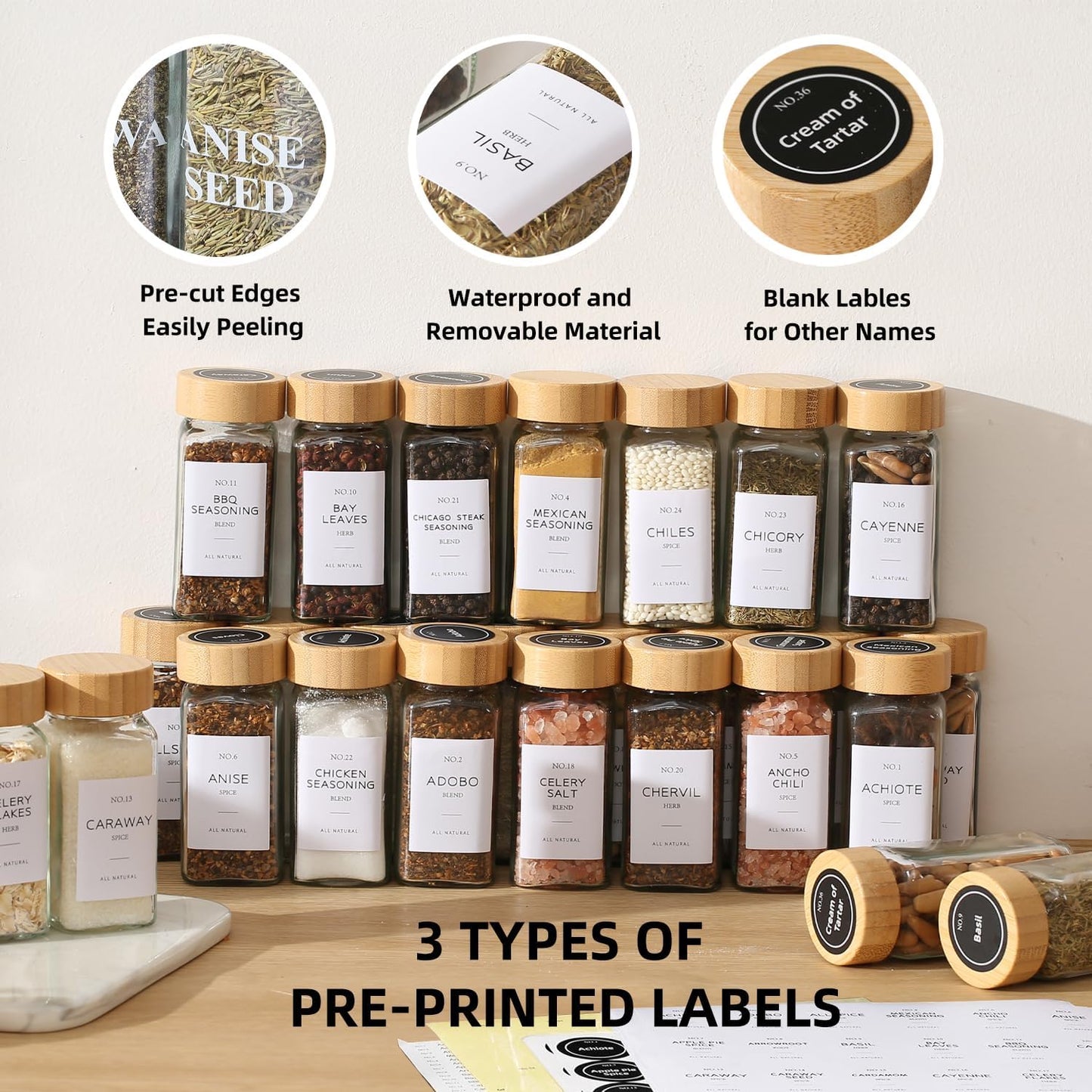 4 oz Glass Spice Jars with Bamboo Lids, Clear Empty Jars with Labels Stickers, Collapsible Funnel, Seasoning Storage Bottles for Spice Racks (24 Pack)