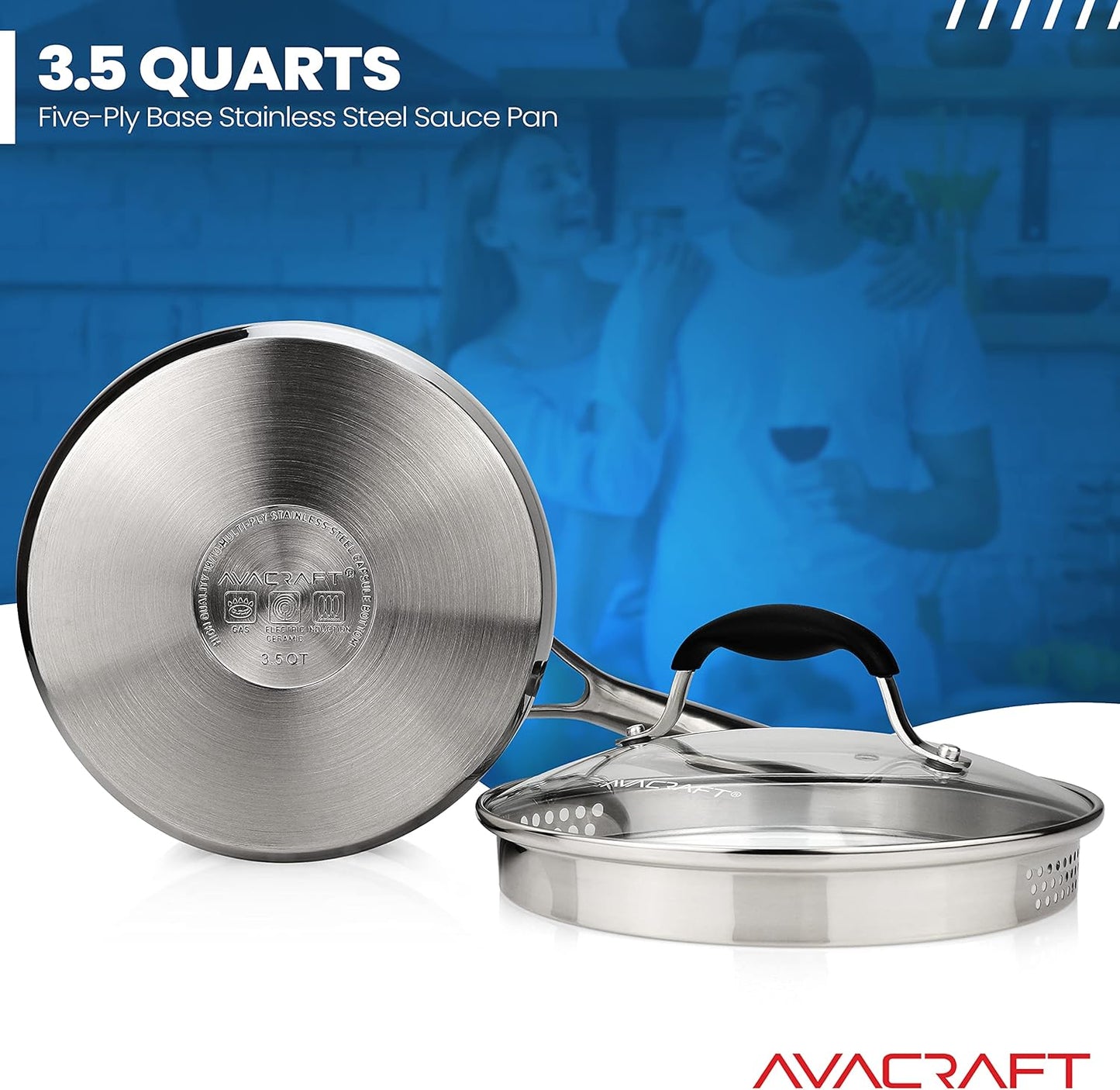 AVACRAFT Stainless Steel Saucepan with Glass Strainer Lid, Two Side Spouts for Easy Pour with Ergonomic Handle, Multipurpose Sauce Pot (5-Ply Capsule Bottom, 3.5 Quart)