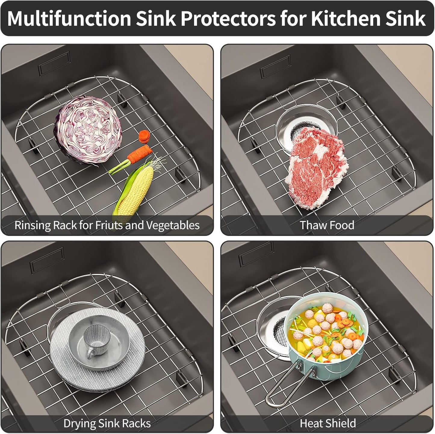 2Pack Sink Protector Grid 13"x16"and 11.2"x14.5", Stainless Steel Sink Protectors for Kitchen Sink, Rust Resistant Sink Grate for Bottom of Kitchen Sink with 2Pack Sink Drain Strainer