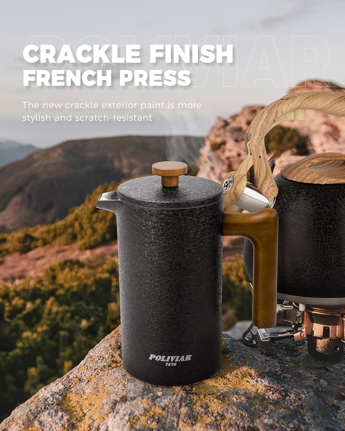 POLIVIAR French Press Coffee Maker, 34 oz Coffee Press with Real Wood Handle, Double Wall Insulation & Dual-Filter Screen, Food Grade Stainless Steel for Good Coffee and Tea JX2023-FPLB