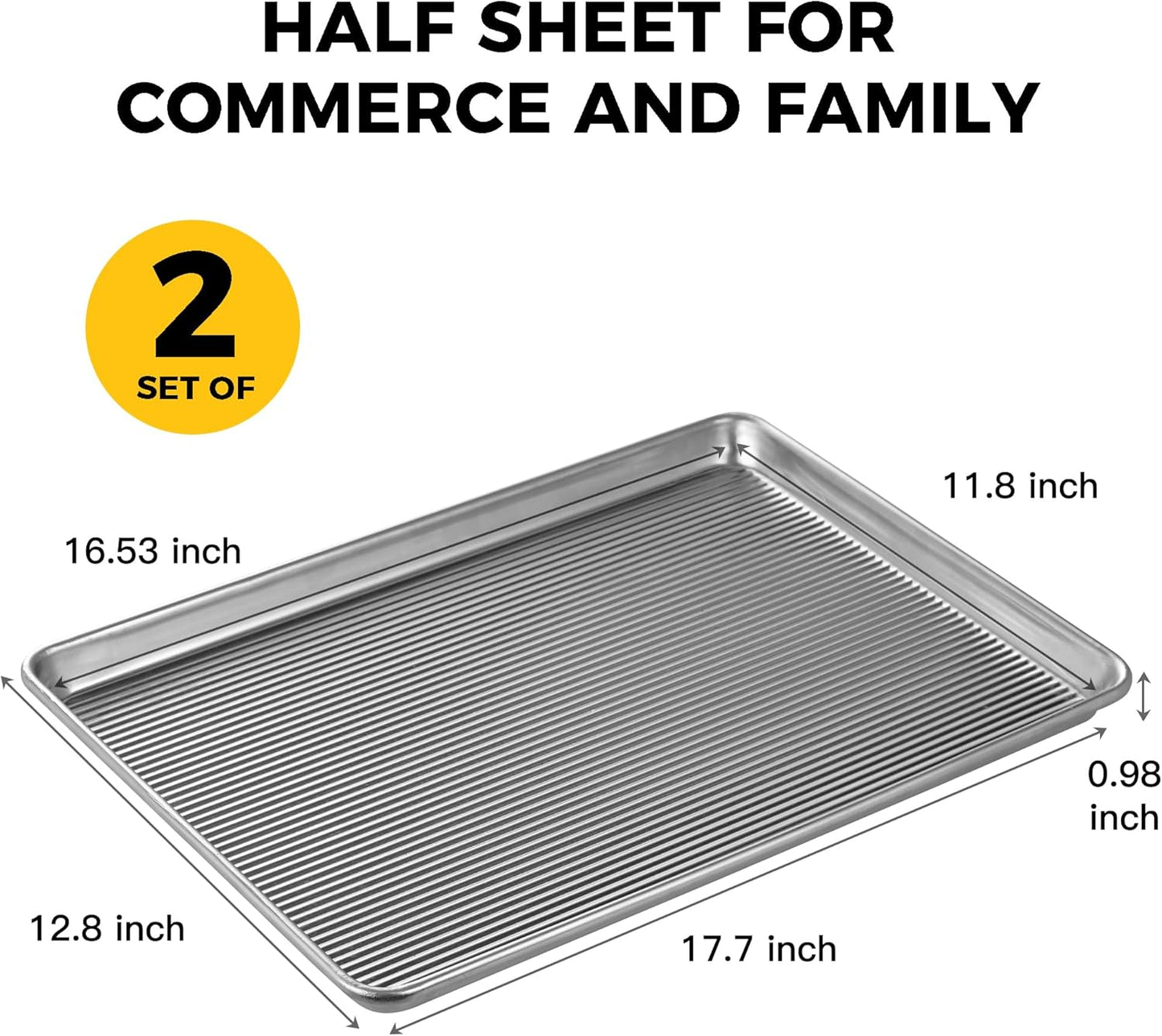HONGBAKE Aluminum Cookie Sheets for Baking, 2-Pack Commercial Quality Half Sheet Pan, Baking Sheets Non Stick with 50 PCS Parchment Paper, 12.8 x 17.7 in, Silver