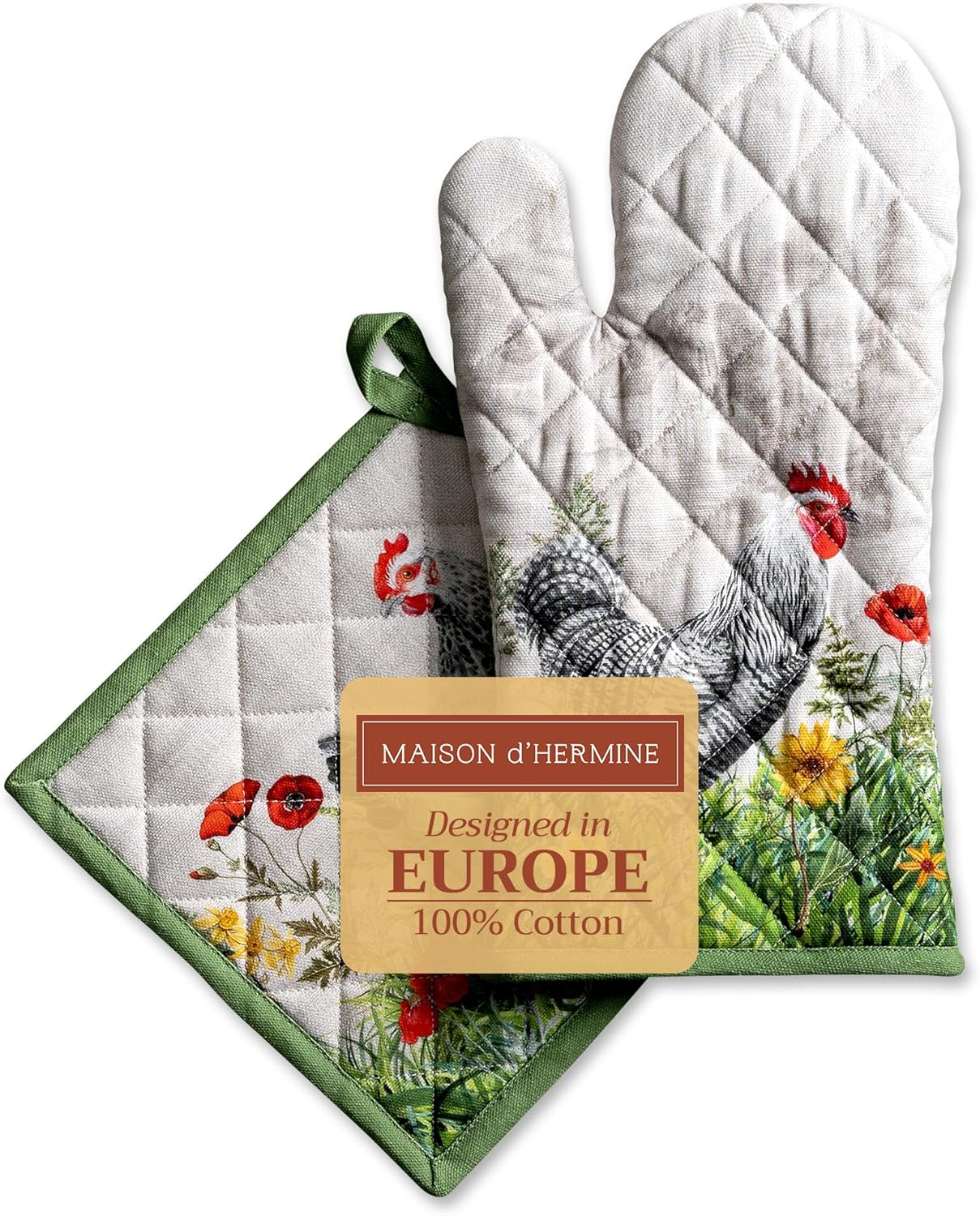 Maison d' Hermine 100% Cotton Oven Mitt & Pot Holder Set (7.5"x13" & 8"x8") Heat Resistant BBQ Cooking Gloves with Loop, Baking, Grilling, Kitchen, Handling Hot Pans Spring/Summer (Basse Cour)