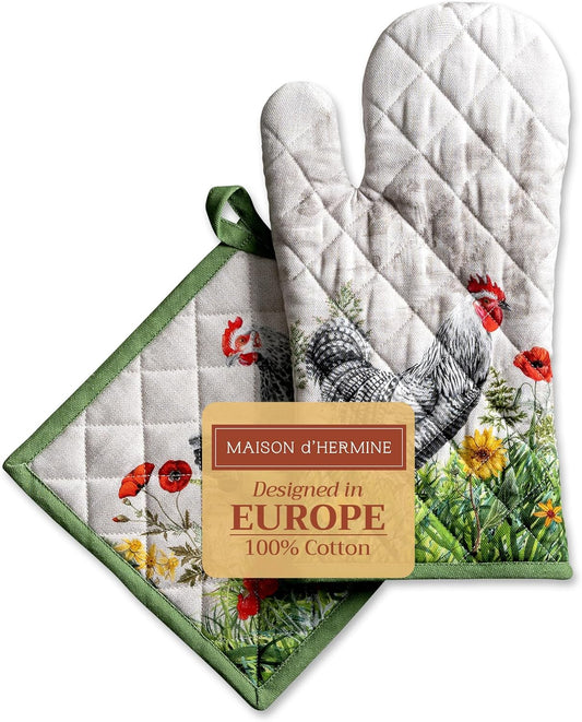 Maison d' Hermine 100% Cotton Oven Mitt & Pot Holder Set (7.5"x13" & 8"x8") Heat Resistant BBQ Cooking Gloves with Loop, Baking, Grilling, Kitchen, Handling Hot Pans Spring/Summer (Basse Cour)