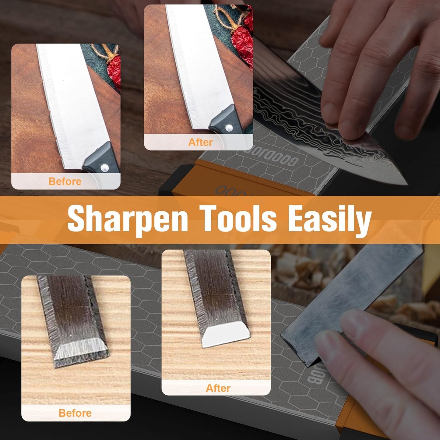 Extra Large Diamond Sharpening Stone Set 3 Side Grit 400/600/1000 Premium Industrial Diamond Knife Sharpener Suitable for Steel of any Hardness with Angle Guide and Non-Slip Base (GB-3DL)