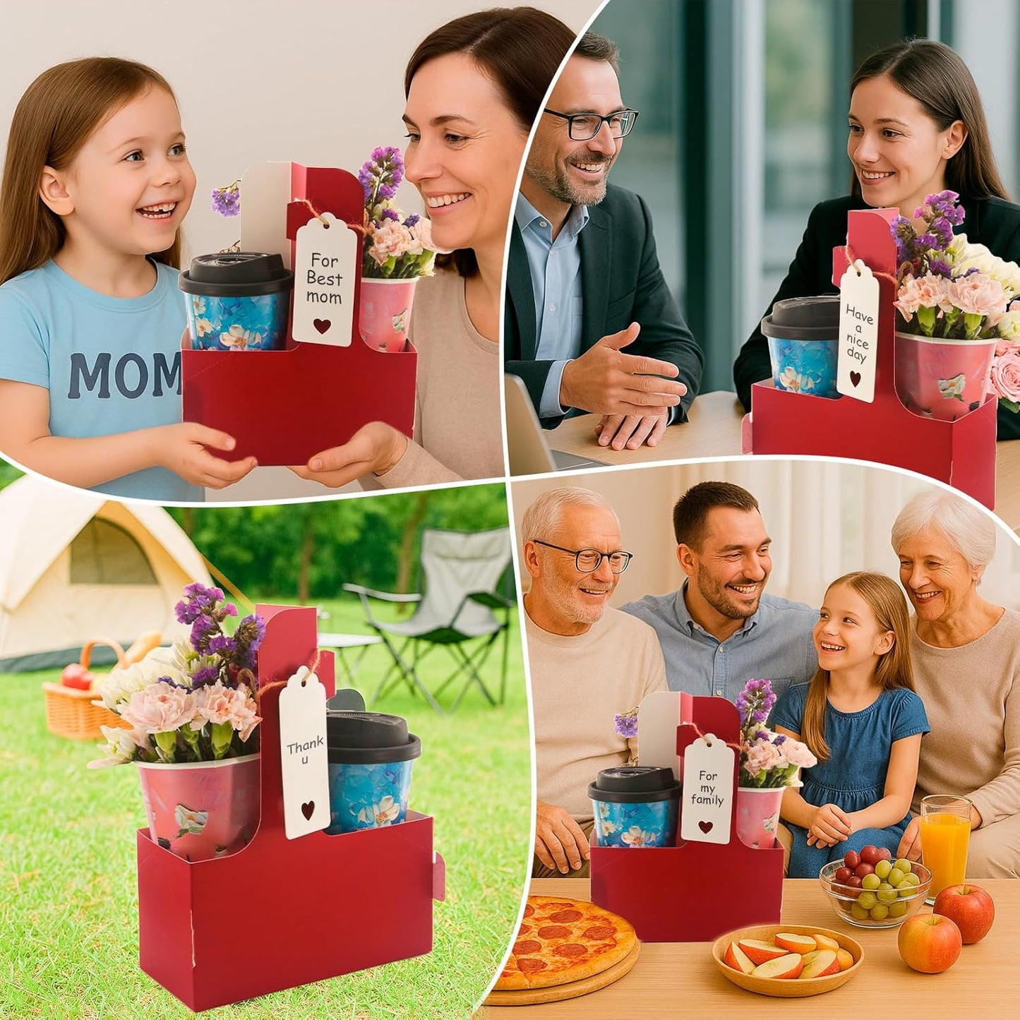 30 Pack 2 Cup Disposable Drink Carrier with Handle Paperboard Coffee Cup Holder Portable for Hot Cold Drinks Food Delivery Services with Heart Card for Teacher Appreciation Week Mother's Day