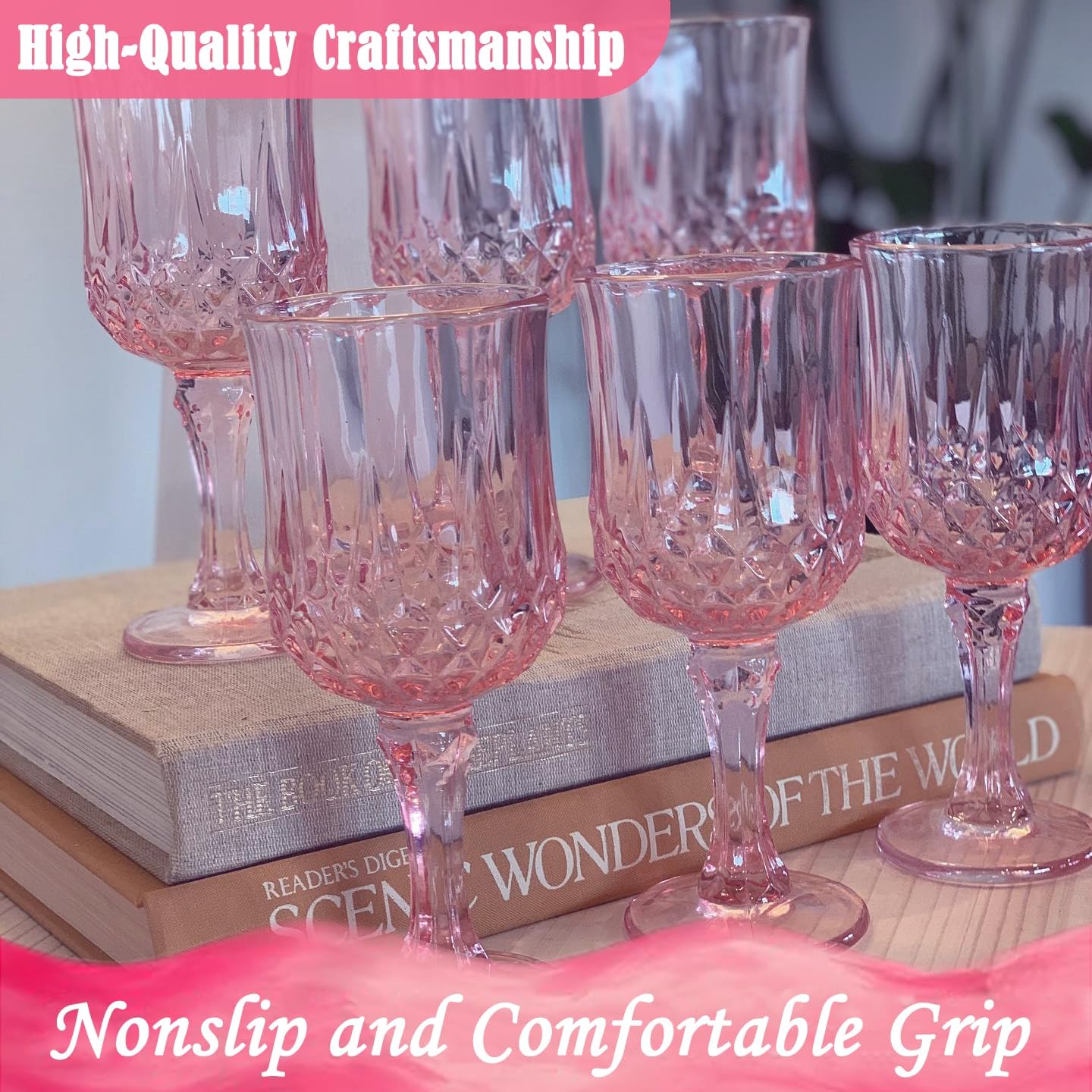 Plastic Wine Glasses，Plastic Goblets Vintage Style Cordial Drinking Glasses for Wedding Reception, Grand Event Party Supplies (12, Pink)