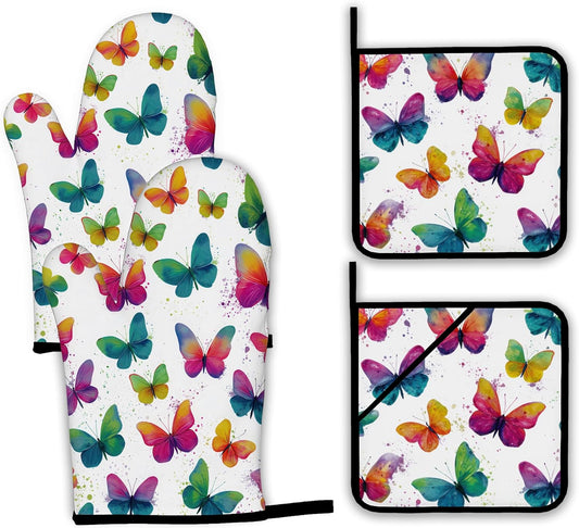 Colorful Butterfly Oven Mitts and Pot Holders,Heat Resistant Oven Mitts Gloves and Pot Holder for Home Kitchen Decorations Cooking Baking BBQ Gifts,Set of 4