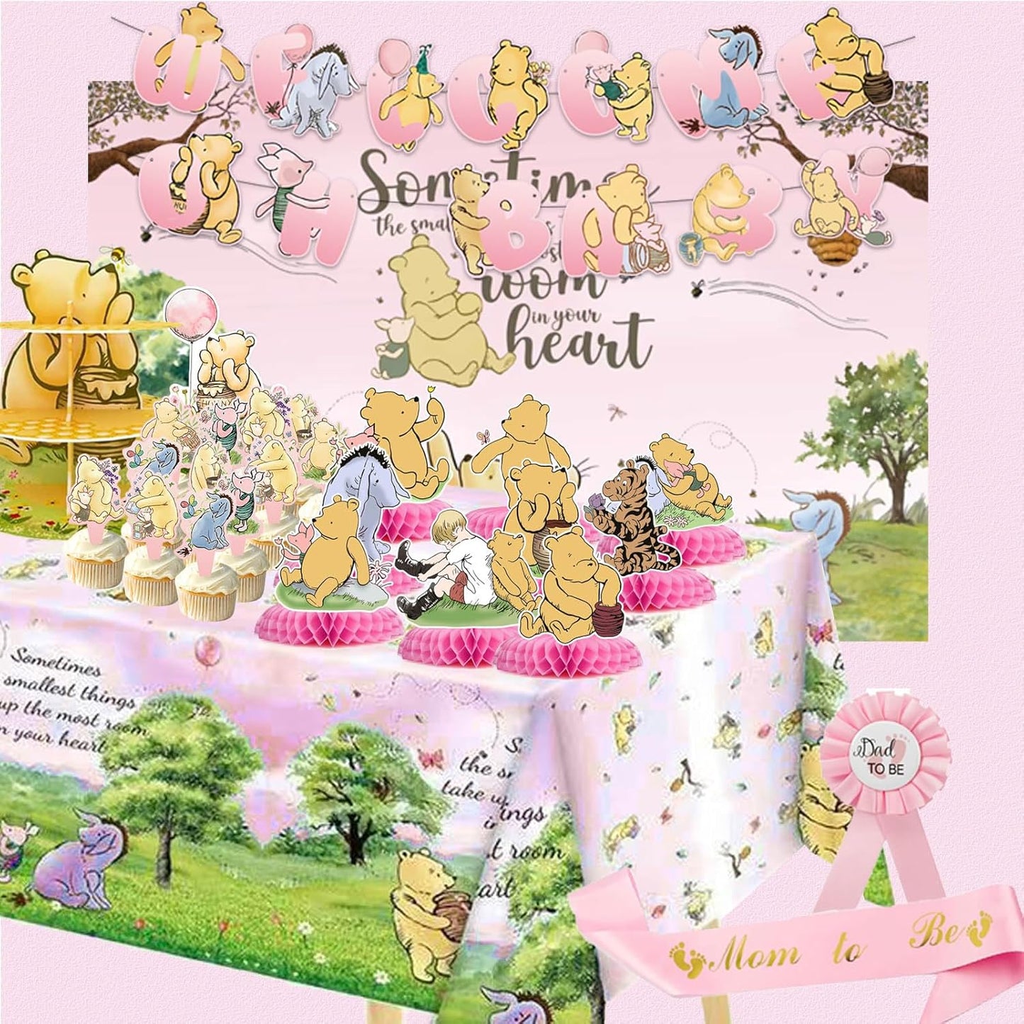 Pink Classic Winnie Baby Shower Decorations Kit, All-in-1 Vintage Winnie Party Supplies Decorations, Classic The Pooh Backdrop Cake Topper, Winnie Baby Tablecloth Honeycomb Decorations for Baby Shower