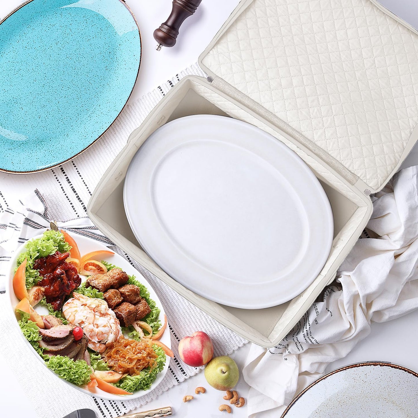 Platter Storage Case – Fine China Storage Containers Hard Shell, Quilted and Stackable 16”x 12.5”x 3.5” Platter Storage Container with Handles and Felt Dividers for Moving and Seasonal Storage, Cream