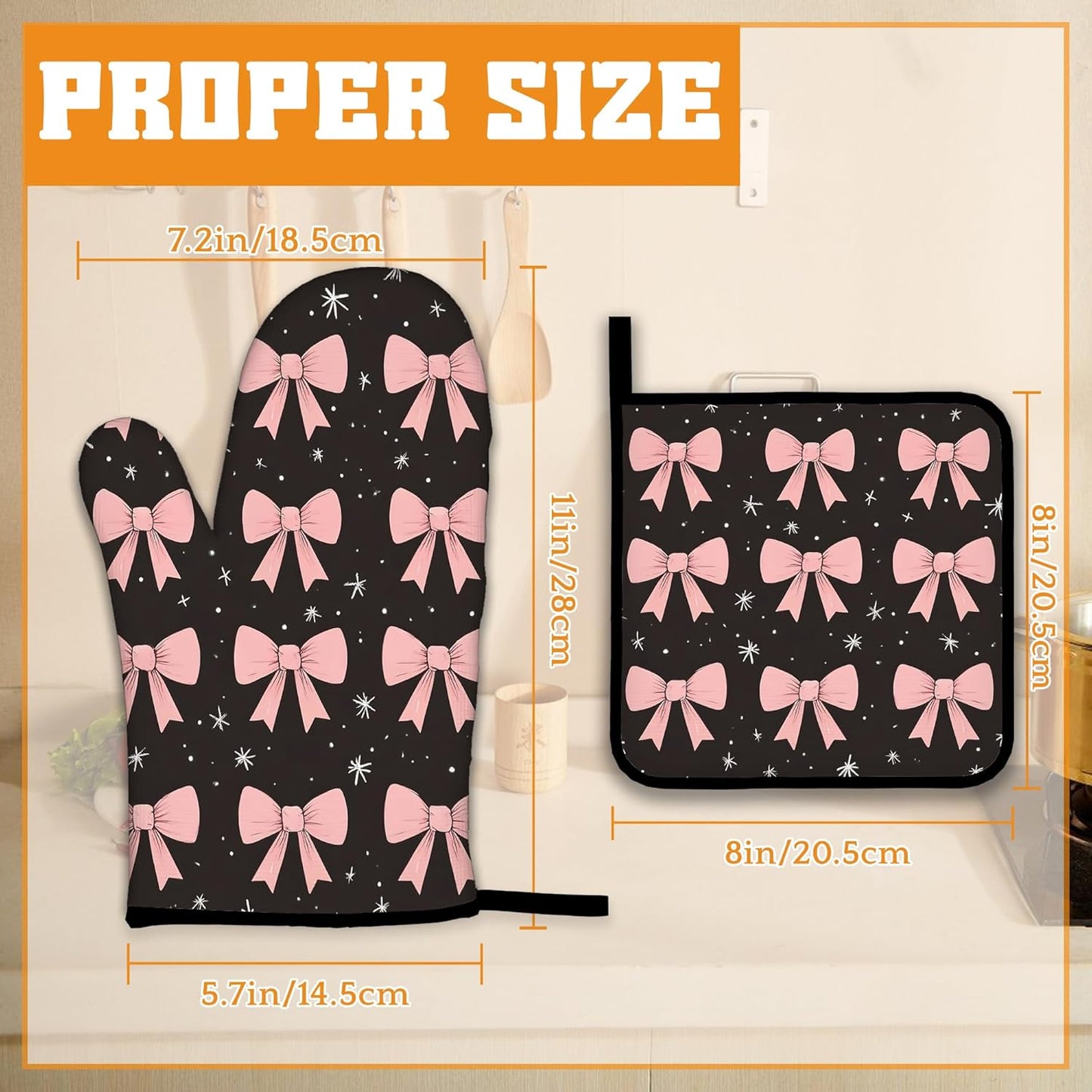 Cute Pink Bow Oven Mitts and Pot Holders,Heat Resistant Oven Mitts Gloves and Pot Holder for Home Kitchen Decorations Cooking Baking BBQ Gifts,Set of 4