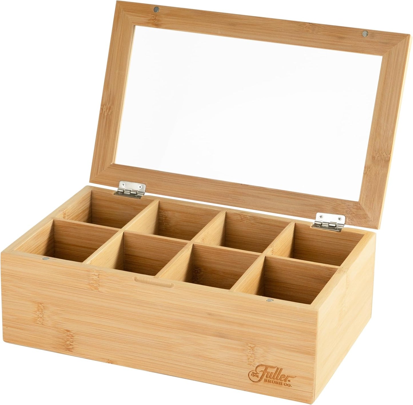 Fuller Bamboo Tea Box Organizer with 8 Compartments – Natural Bamboo Tea Storage Case with Clear Acrylic Lid – Elegant Fuller Tea Caddy for Tea Bags, Coffee Pods, Spices & More – Home & Office