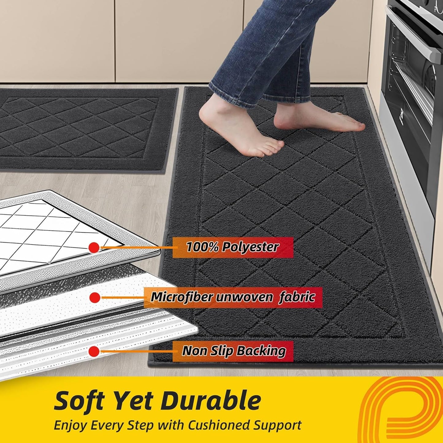 JSEI Non-Slip Kitchen Rugs, Self Adhesive No Sliding Kitchen Mats Set of 2, Soft Washable Absorbent Floor Mat for Kitchen, Bathroom, Laundry Room, Bedroom, 20”x32”+20”x48”, Dark Grey, Diamond Pattern